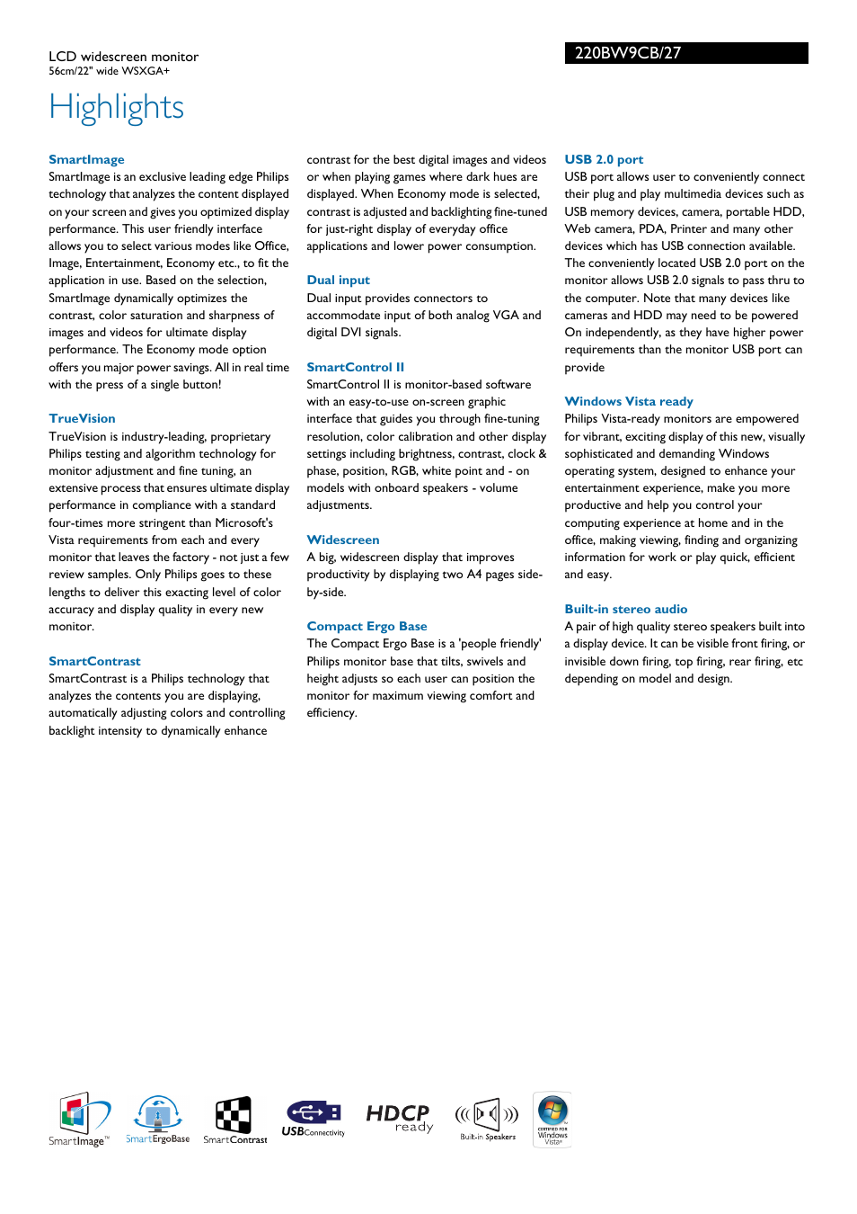 Highlights | Philips 220BW9CB-27 User Manual | Page 2 / 3