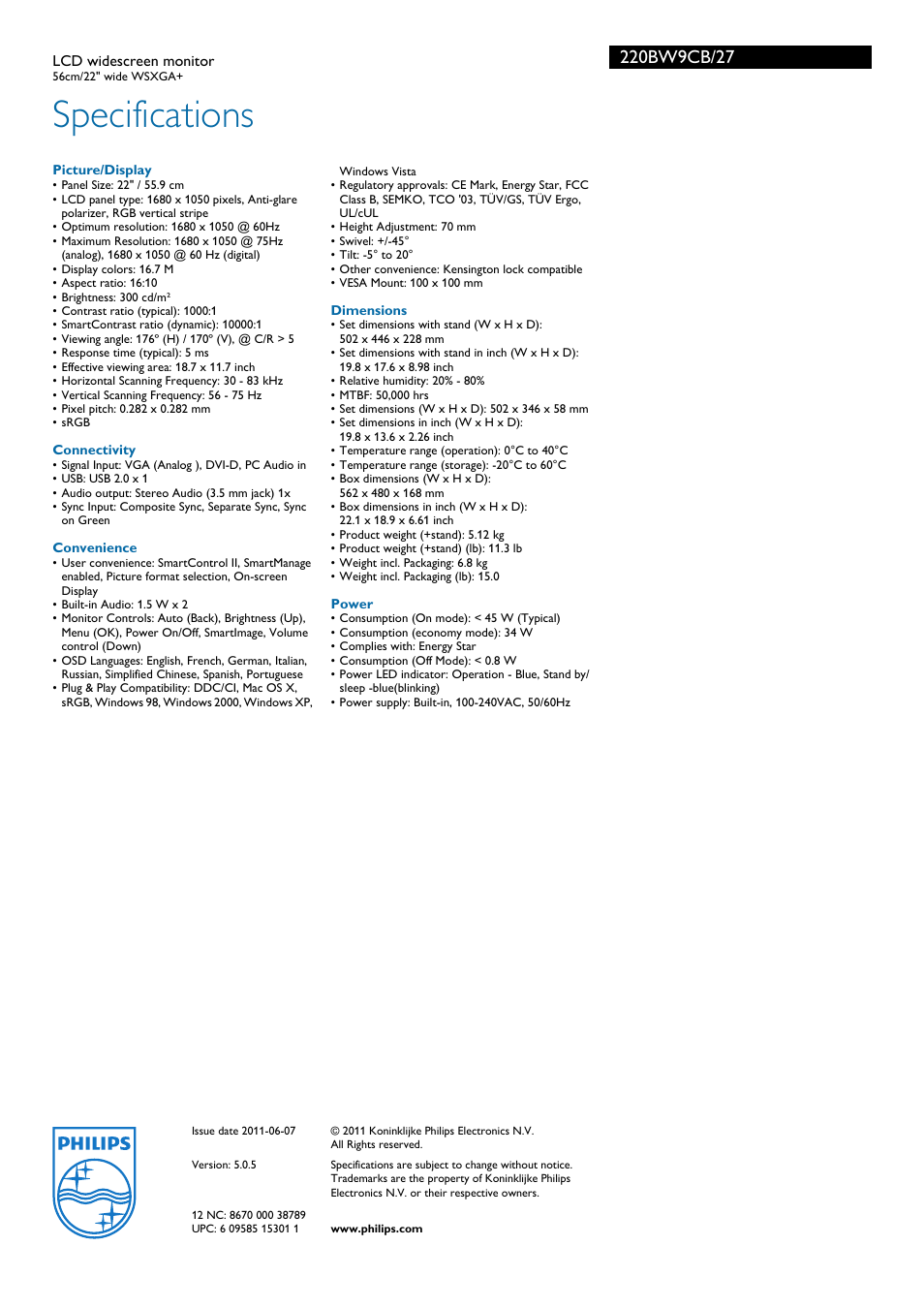Specifications | Philips 220BW9CB-27 User Manual | Page 3 / 3