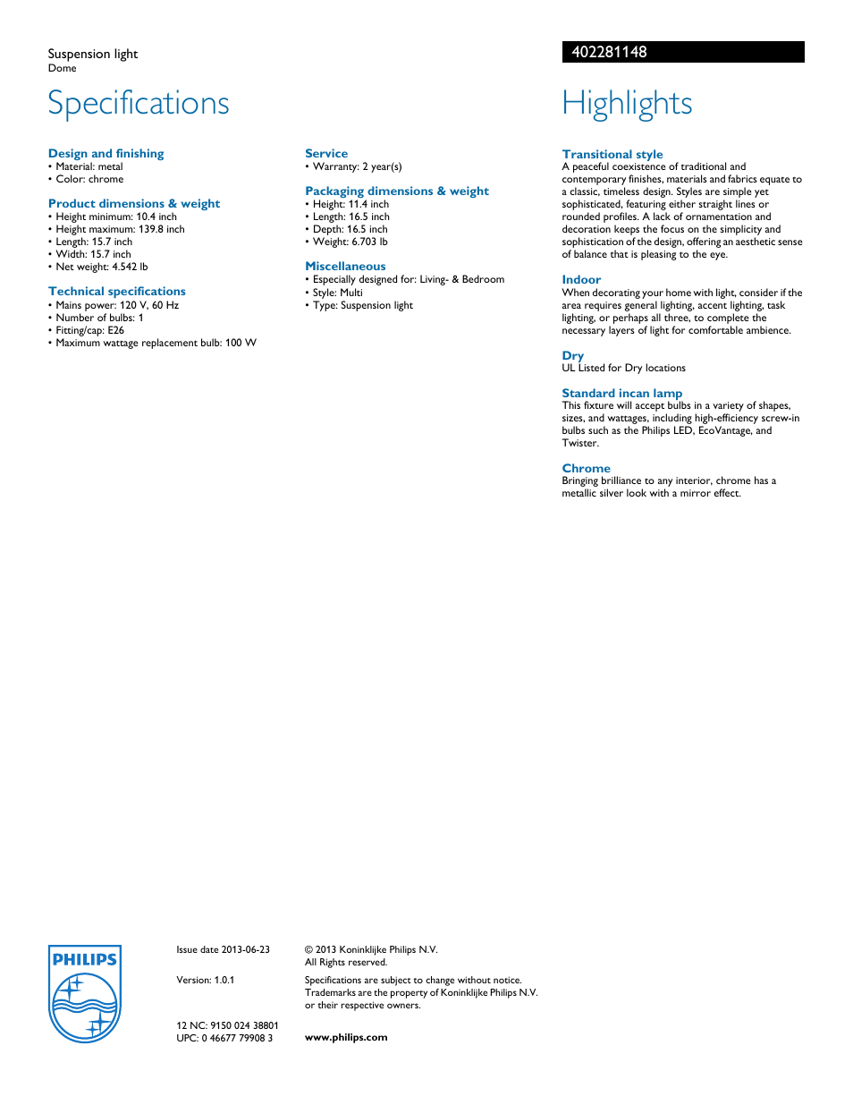 Specifications, Highlights | Philips 402281148 User Manual | Page 2 / 2