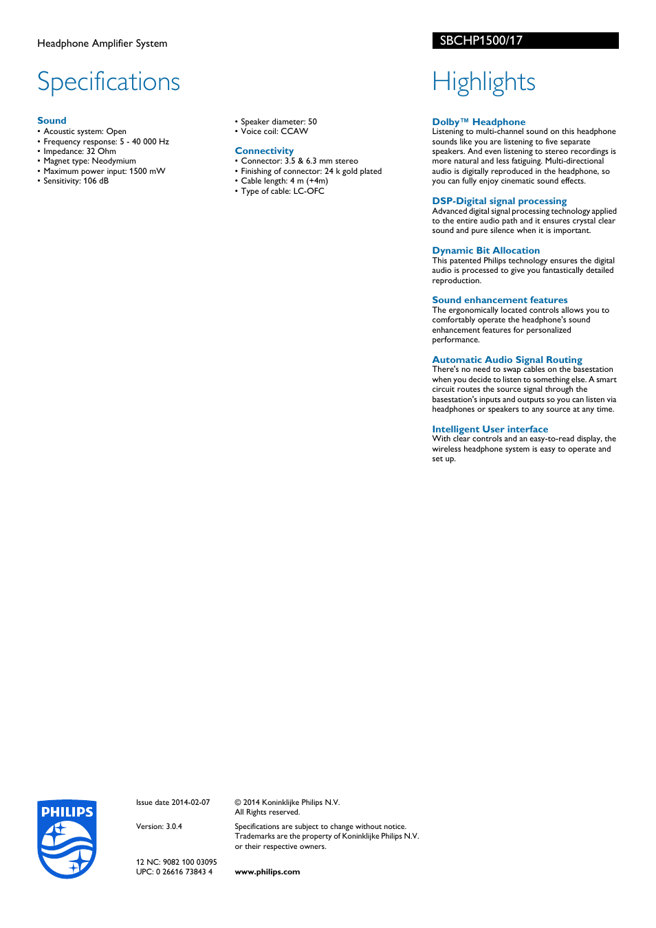 Specifications, Highlights | Philips SBCHP1500-17 User Manual | Page 2 / 2