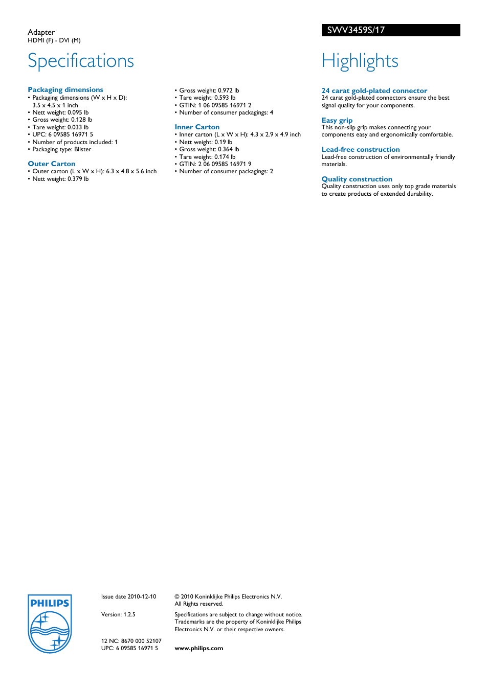 Specifications, Highlights | Philips SWV3459S-17 User Manual | Page 2 / 2