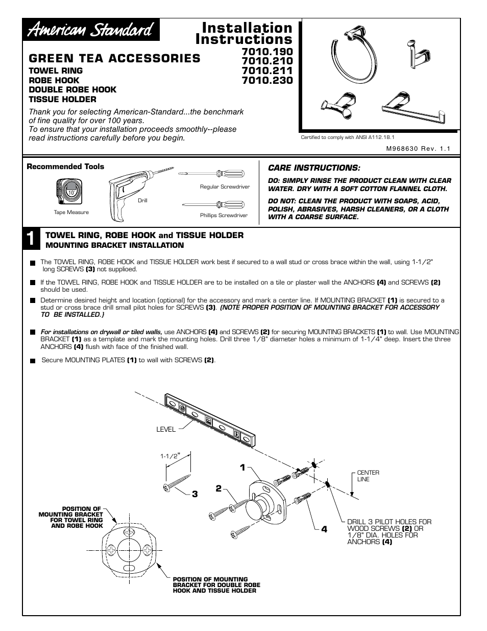American Standard 7010.23 User Manual | 2 pages