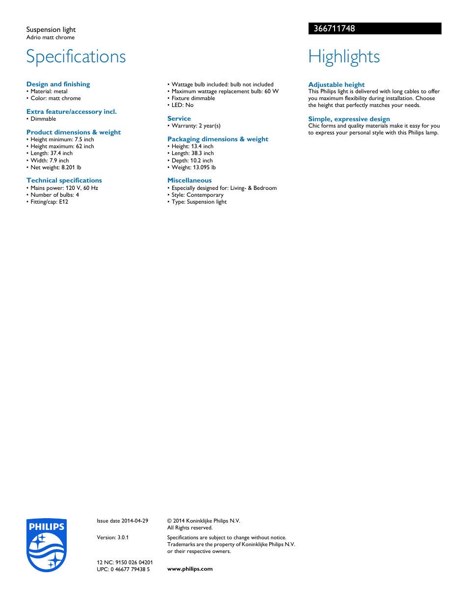 Specifications, Highlights | Philips 366711748 User Manual | Page 2 / 2
