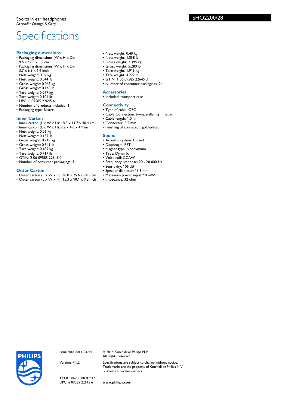 Specifications | Philips SHQ2200-28 User Manual | Page 3 / 3