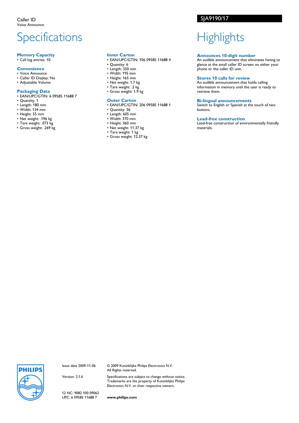 Specifications, Highlights | Philips SJA9190-17 User Manual | Page 2 / 2