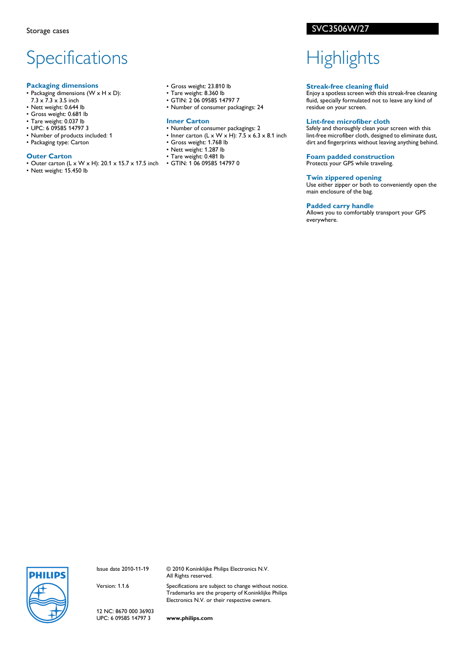 Specifications, Highlights | Philips SVC3506W-27 User Manual | Page 2 / 2