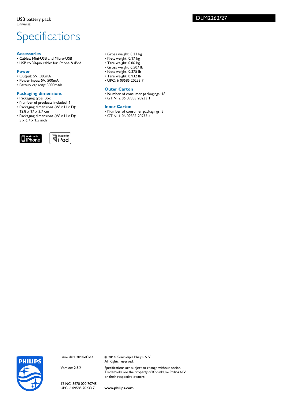 Specifications | Philips DLM2262-27 User Manual | Page 2 / 2