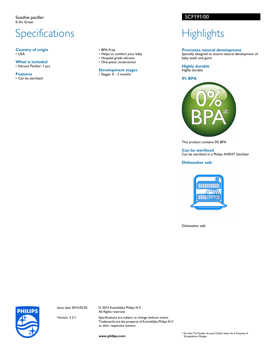 Specifications, Highlights | Philips AVENT Soothie pacifier SCF191-00 0-3m Green User Manual | Page 2 / 2