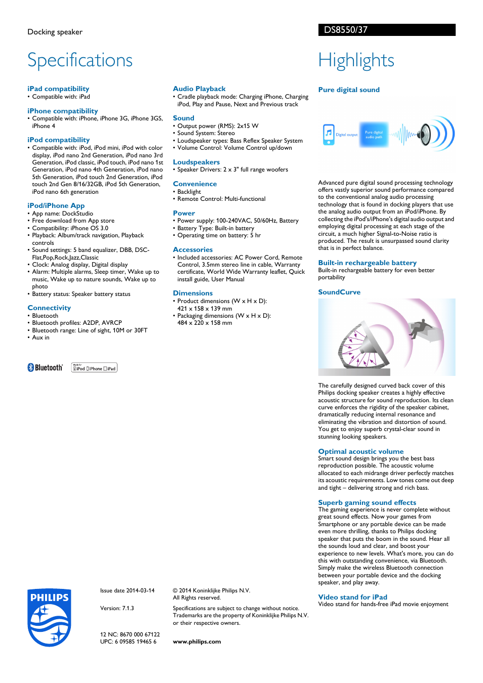 Specifications, Highlights | Philips DS8550-37 User Manual | Page 2 / 2