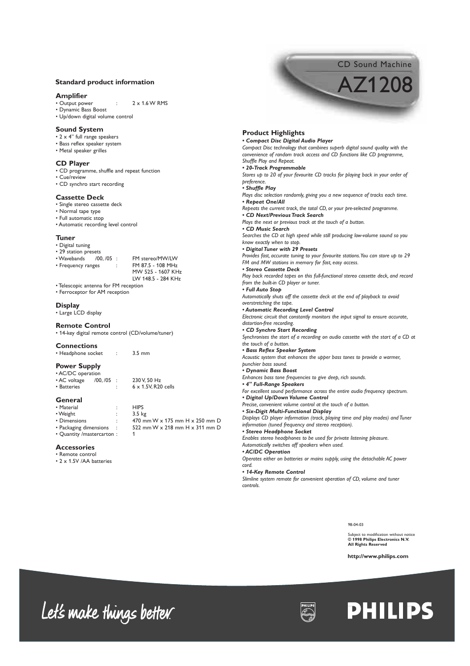 Az1208, Cd sound machine | Philips AZ1210-17 User Manual | Page 2 / 2