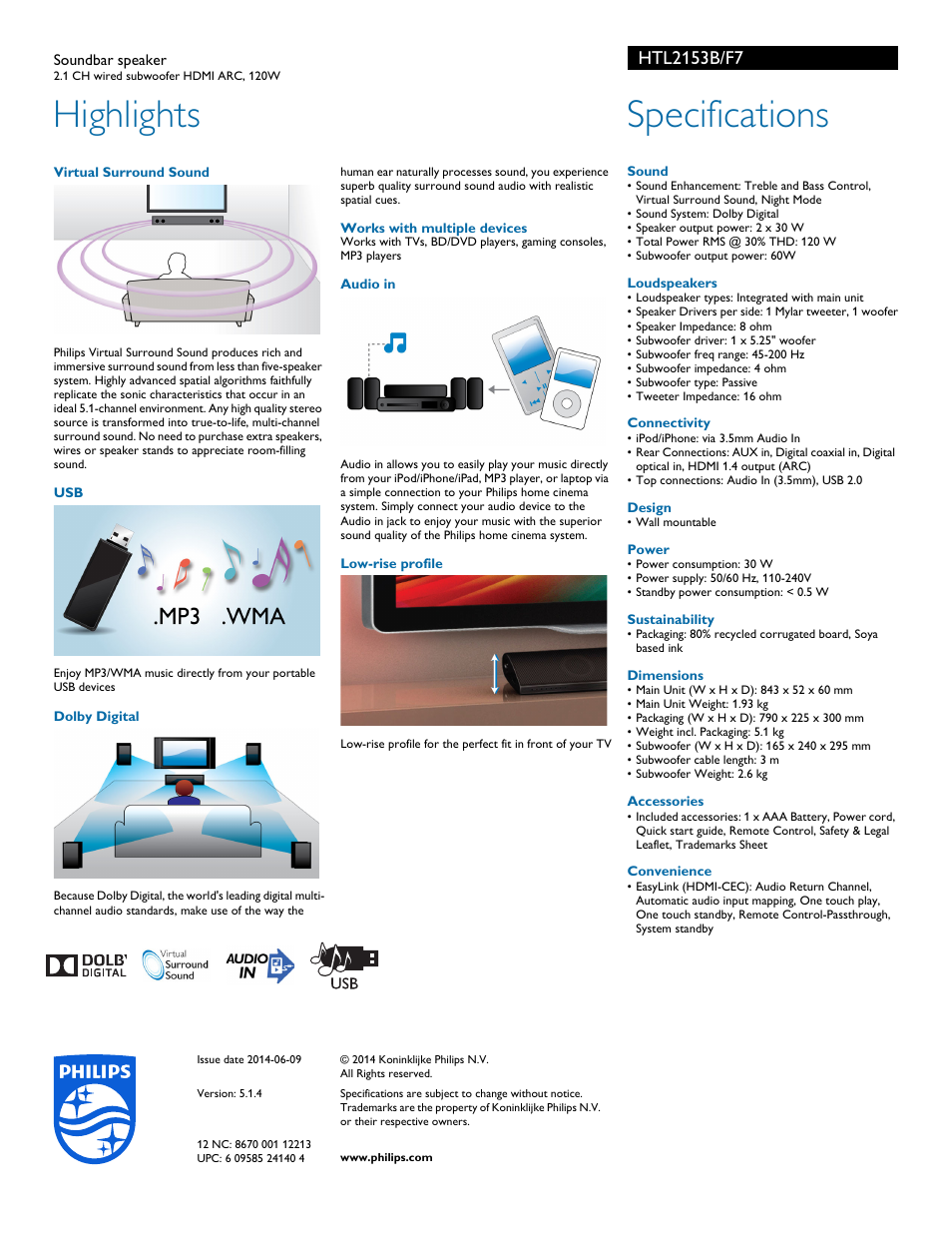 Highlights, Specifications | Philips HTL2153B-F7 User Manual | Page 2 / 2