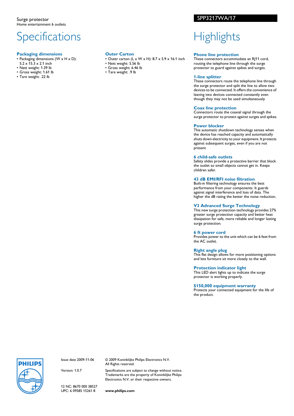 Specifications, Highlights | Philips SPP3217WA-17 User Manual | Page 2 / 2