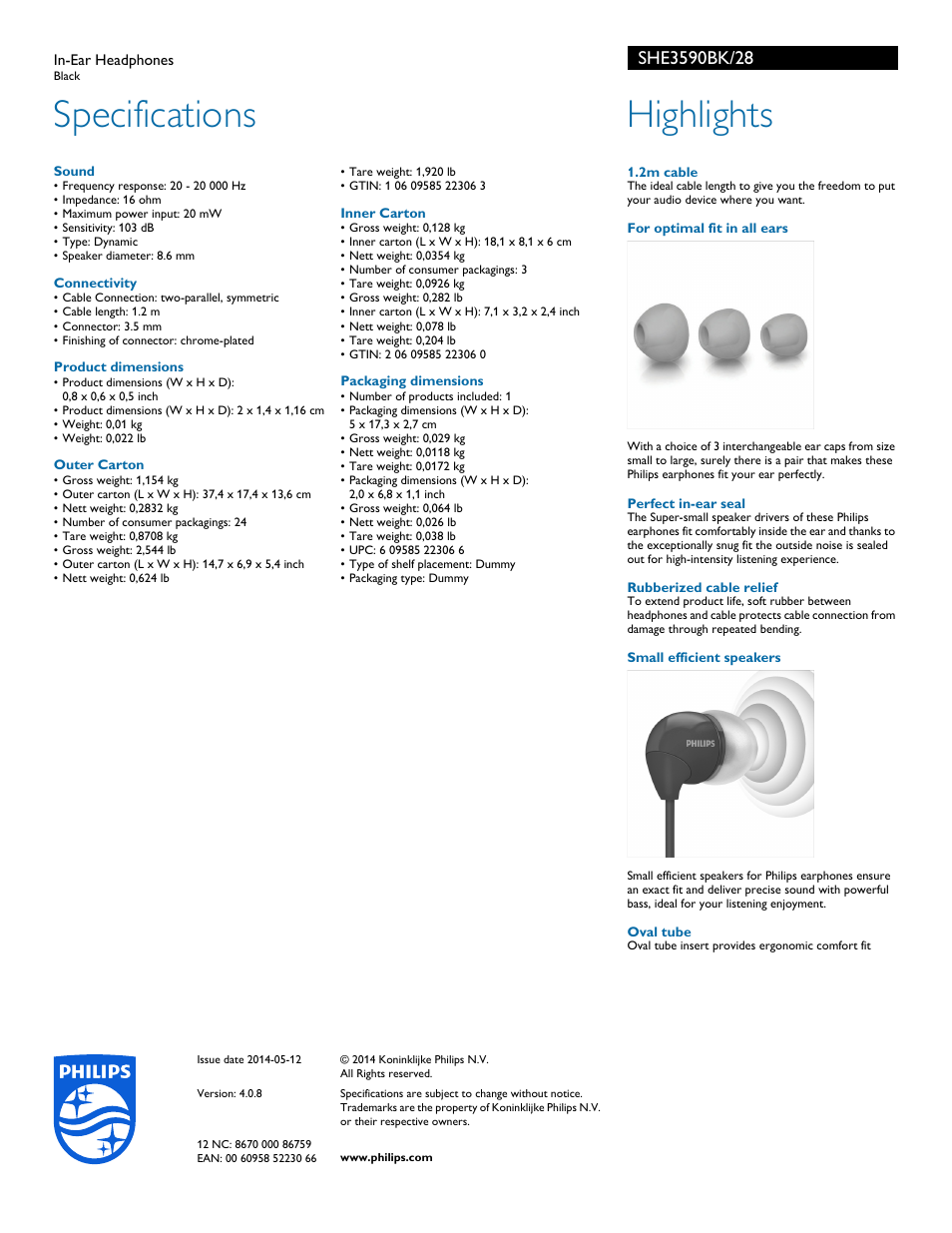 Specifications, Highlights | Philips SHE3590BK-28 User Manual | Page 2 / 2