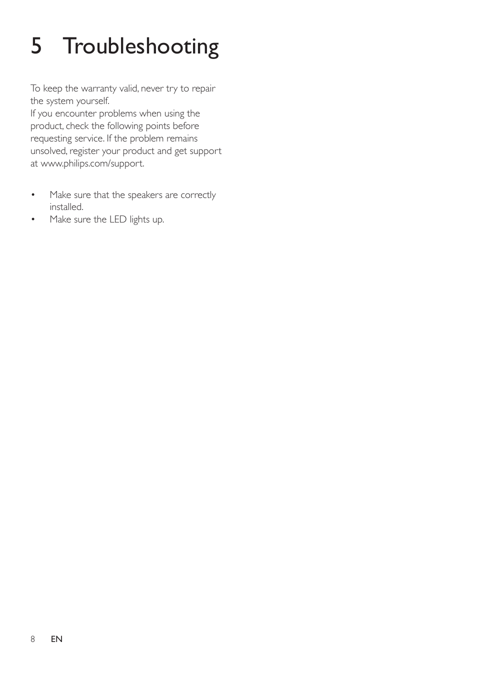 5 troubleshooting | Philips Multimedia Speakers 2.1 SPA1330 2" Satellite driver 4" Subwoofer 30W User Manual | Page 10 / 12