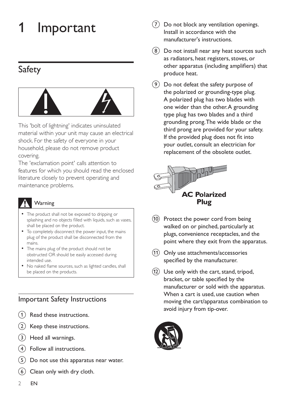 1 important, Safety, Important safety instructions | Safety 2 | Philips Multimedia Speakers 2.1 SPA1330 2" Satellite driver 4" Subwoofer 30W User Manual | Page 4 / 12