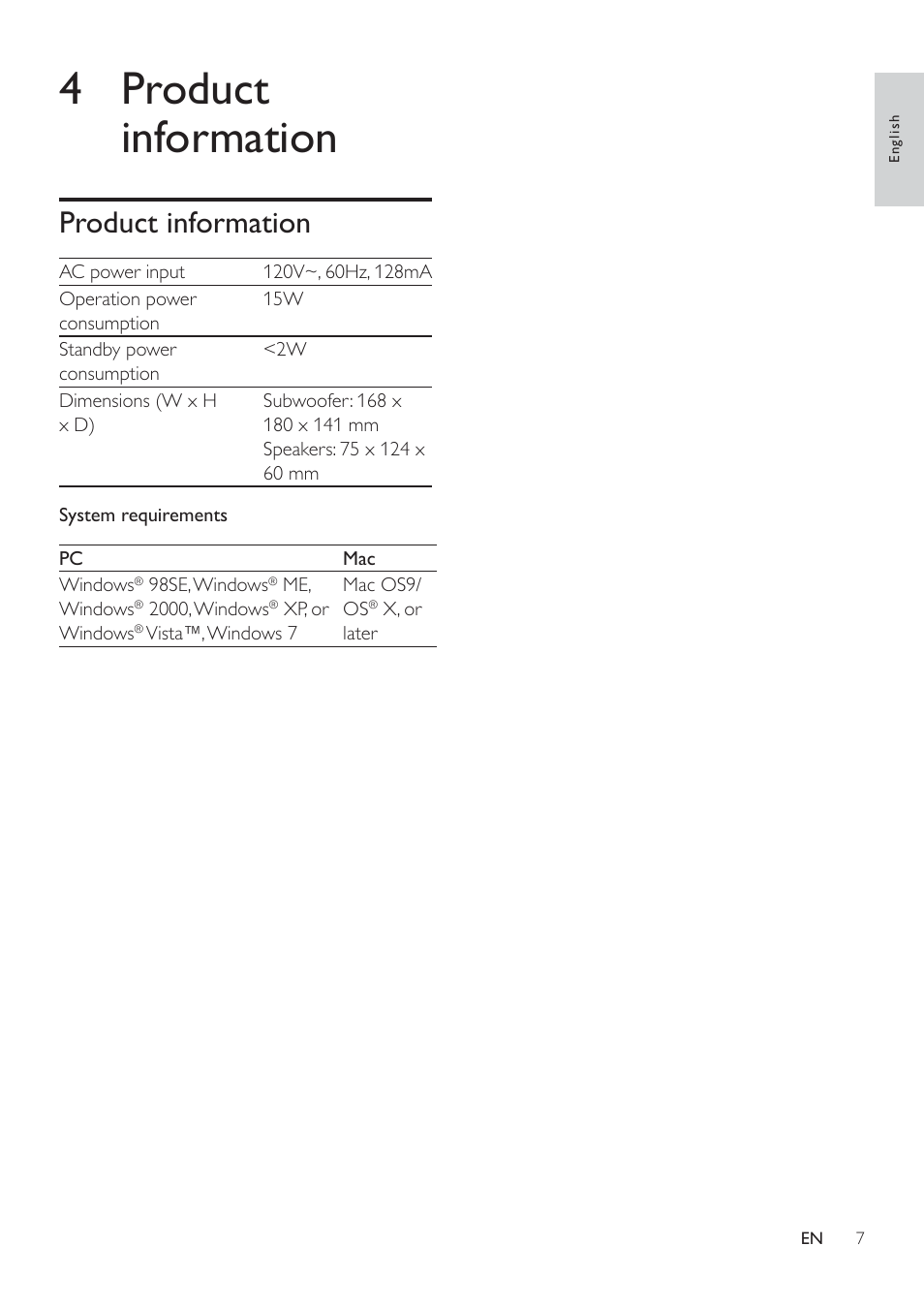 4 product information, Product information | Philips Multimedia Speakers 2.1 SPA1330 2" Satellite driver 4" Subwoofer 30W User Manual | Page 9 / 12