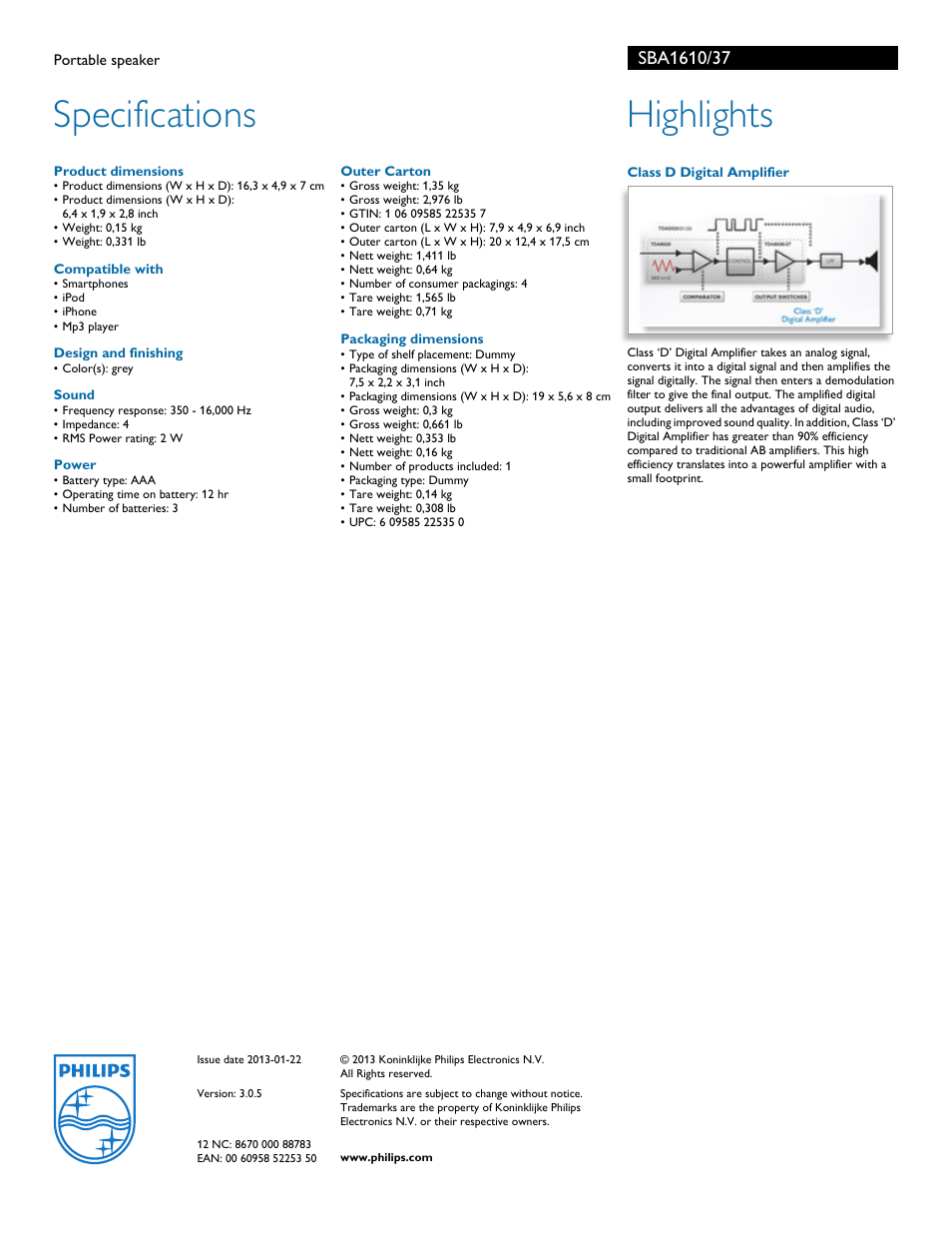 Specifications, Highlights | Philips SBA1610-37 User Manual | Page 2 / 2