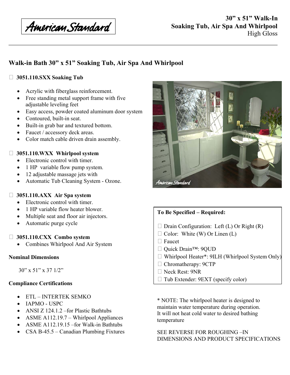 American Standard 3051.110.AXX User Manual | 2 pages