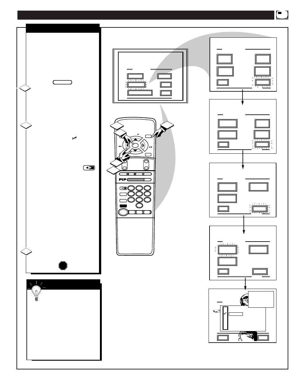 Electing the, Icture, Ource for | Pip source stop, Mart | Philips 8P6054C User Manual | Page 45 / 56