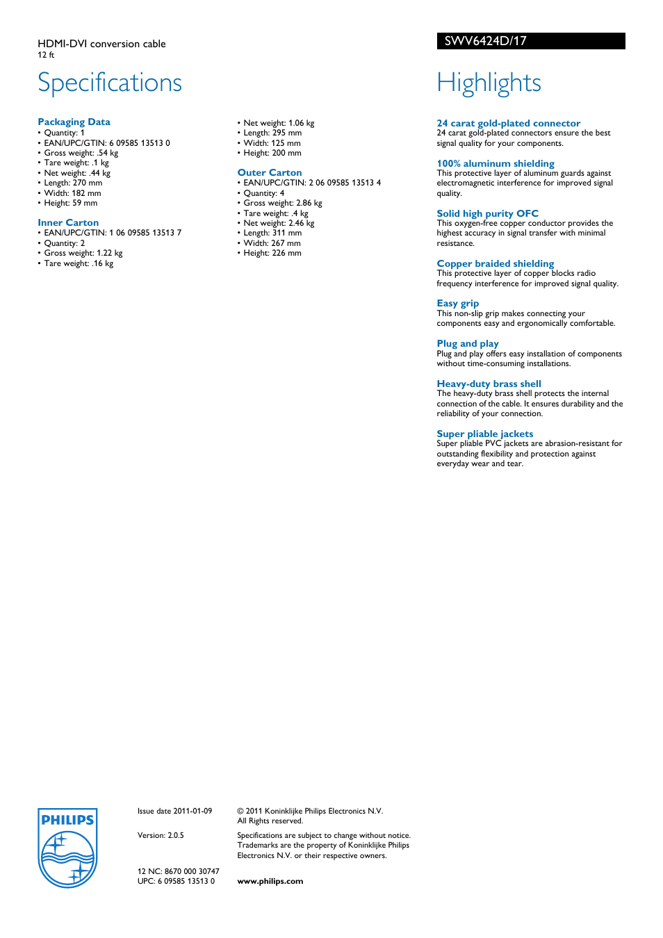 Specifications, Highlights | Philips SWV6424D-17 User Manual | Page 2 / 2