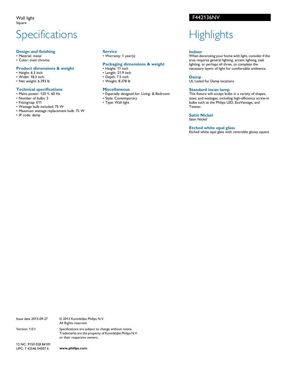 Specifications, Highlights | Philips F442136NV User Manual | Page 2 / 2