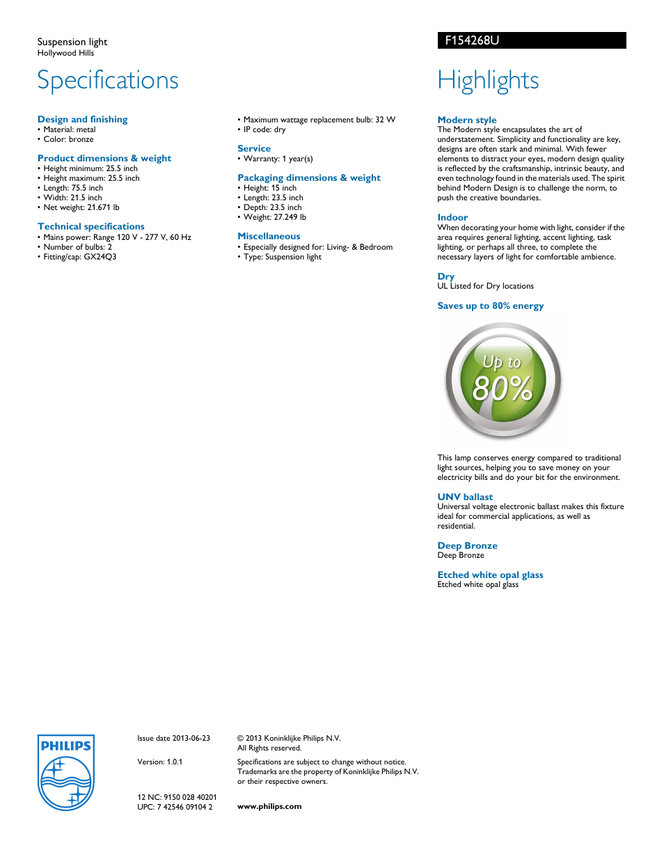Specifications, Highlights | Philips F154268U User Manual | Page 2 / 2