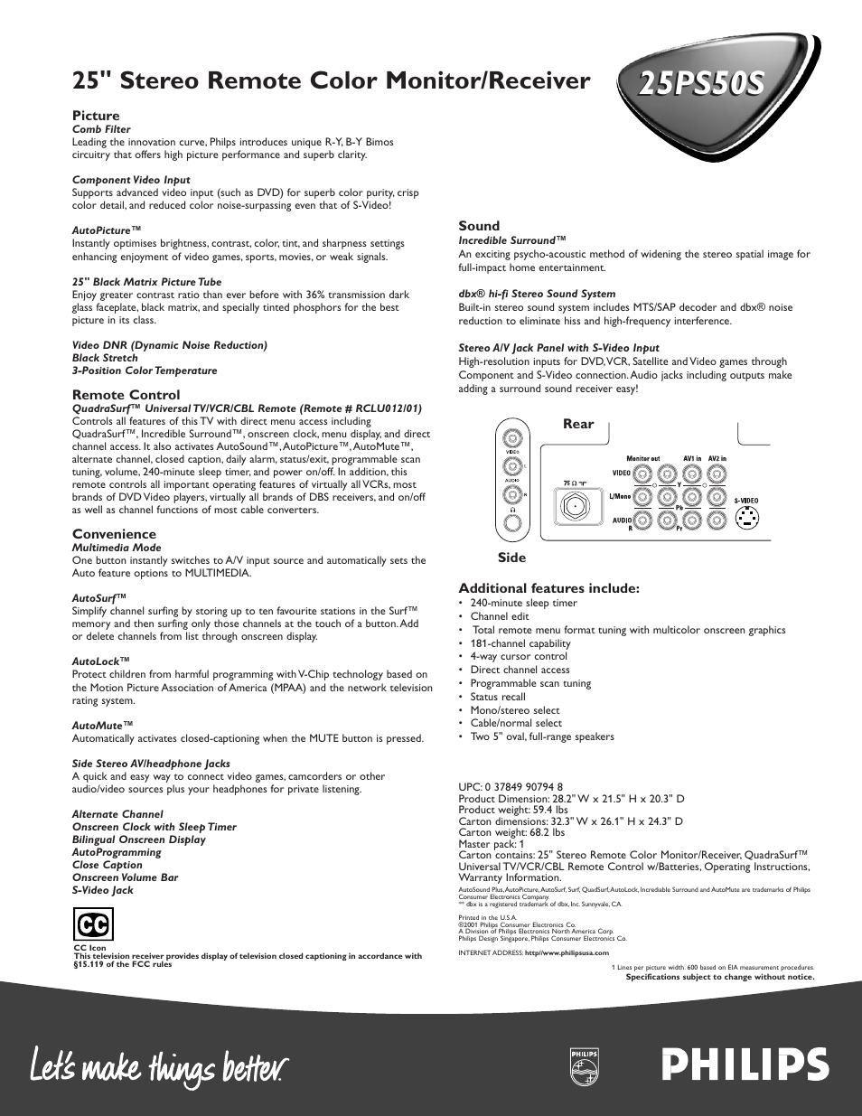 25ps50s, 25 " stereo remote color monitor/receiver | Philips 25PS50S User Manual | Page 2 / 2