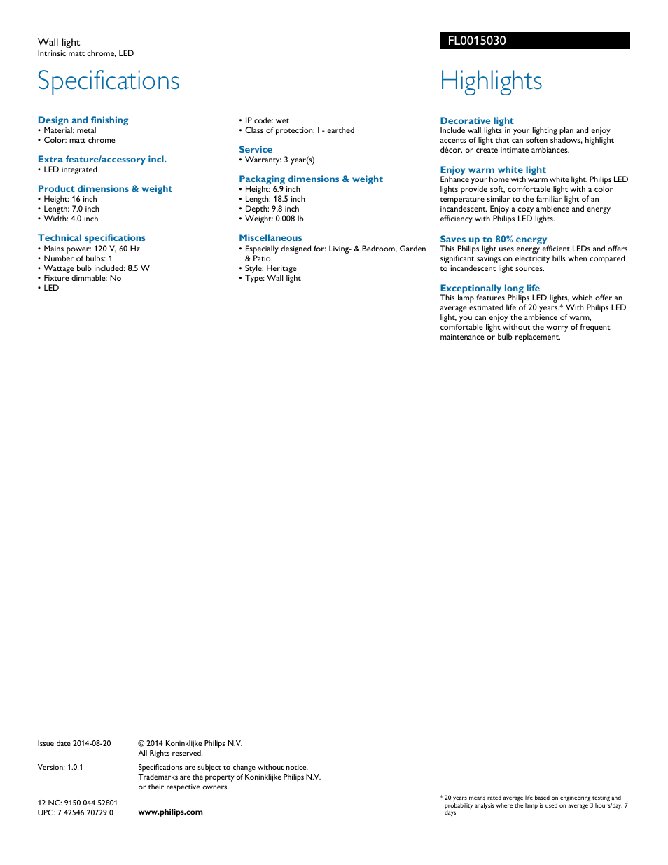 Specifications, Highlights | Philips FL0015030 User Manual | Page 2 / 2