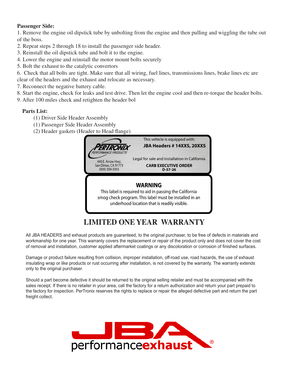 Limited one year warranty | JBA 1400SJT User Manual | Page 4 / 5