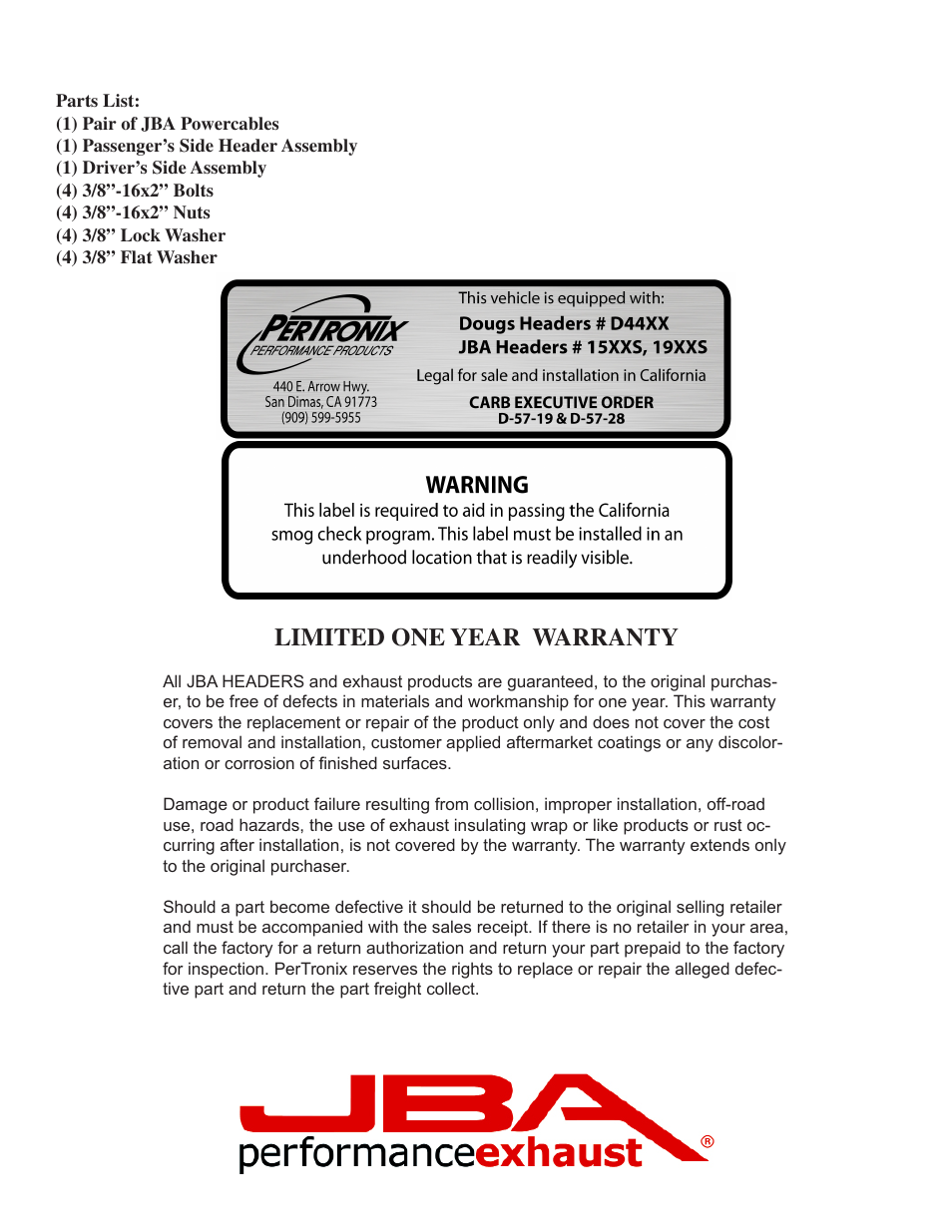 Limited one year warranty | JBA 1528SJT User Manual | Page 4 / 5