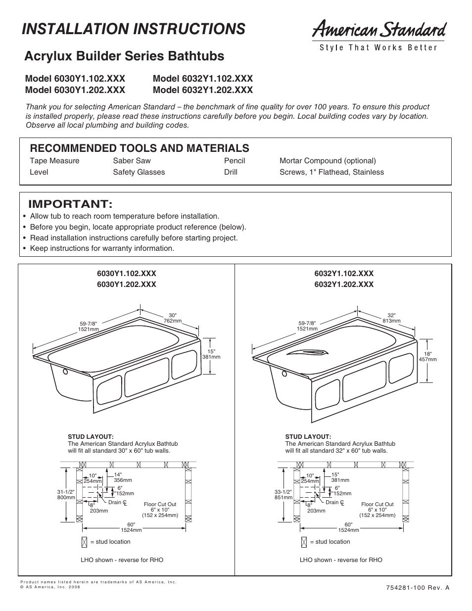 American Standard Acrylux Builder Series Bathtubs 6030Y1.102.XXX User Manual | 3 pages