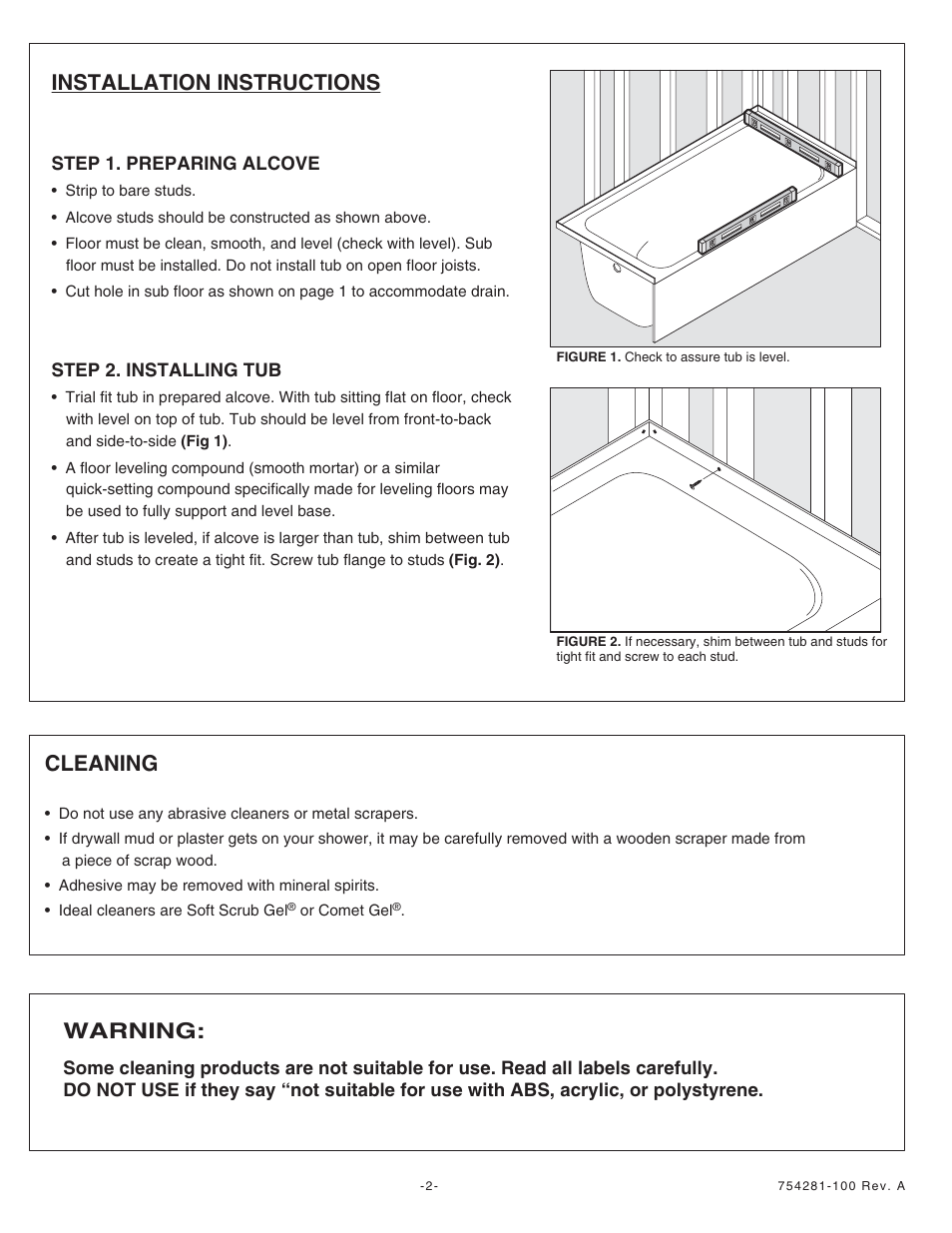 Installation instructions, Cleaning, Warning | American Standard Acrylux Builder Series Bathtubs 6030Y1.102.XXX User Manual | Page 2 / 3