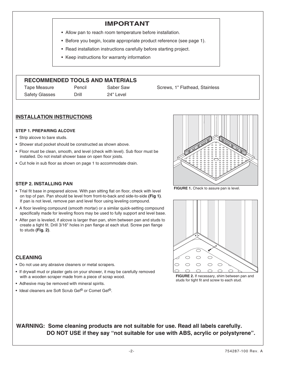 Important | American Standard 3838Y1.SR-NEO.XXX User Manual | Page 2 / 3