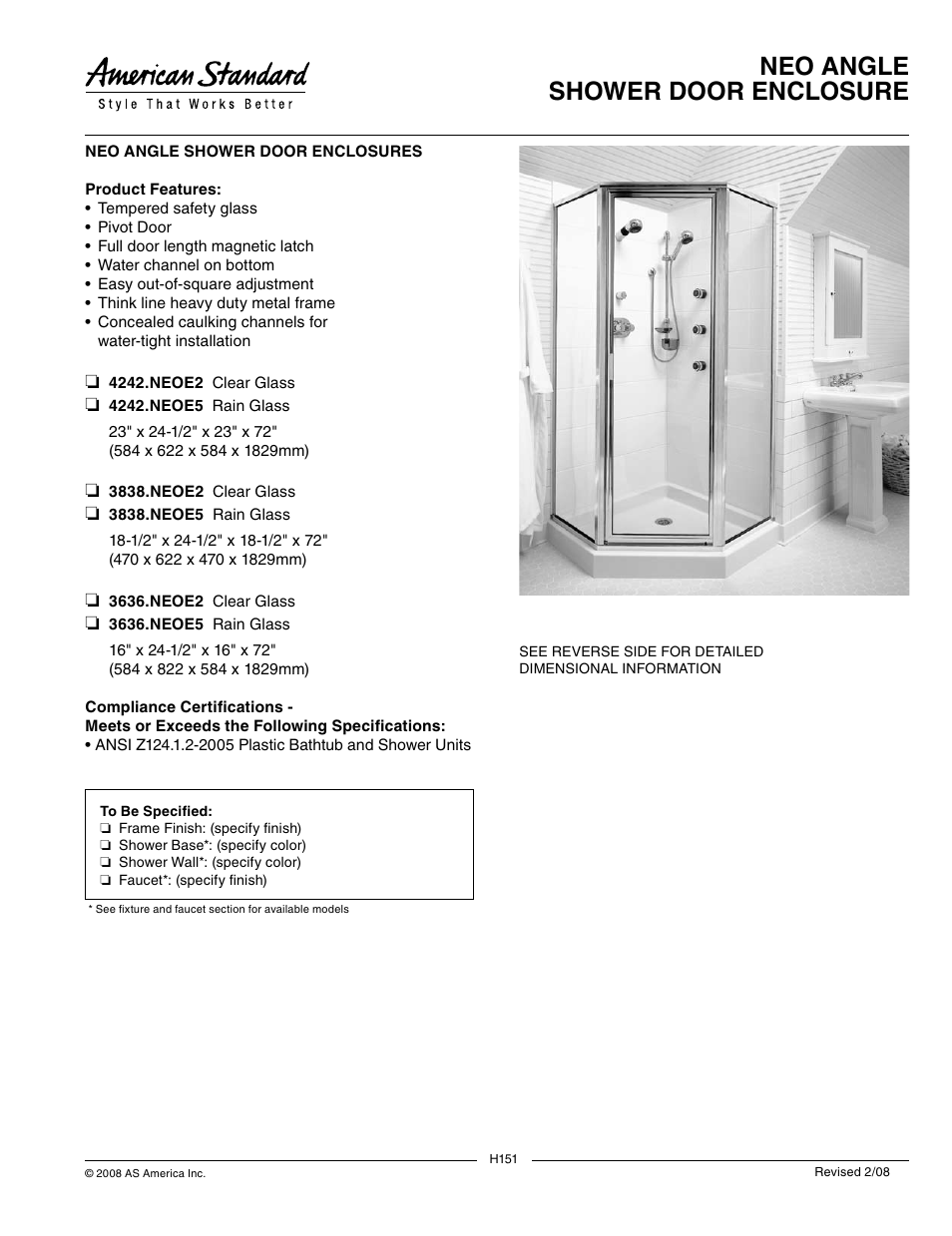 American Standard Neo Angle Shower Door Enclosure 3636.NEOE2 User Manual | 2 pages