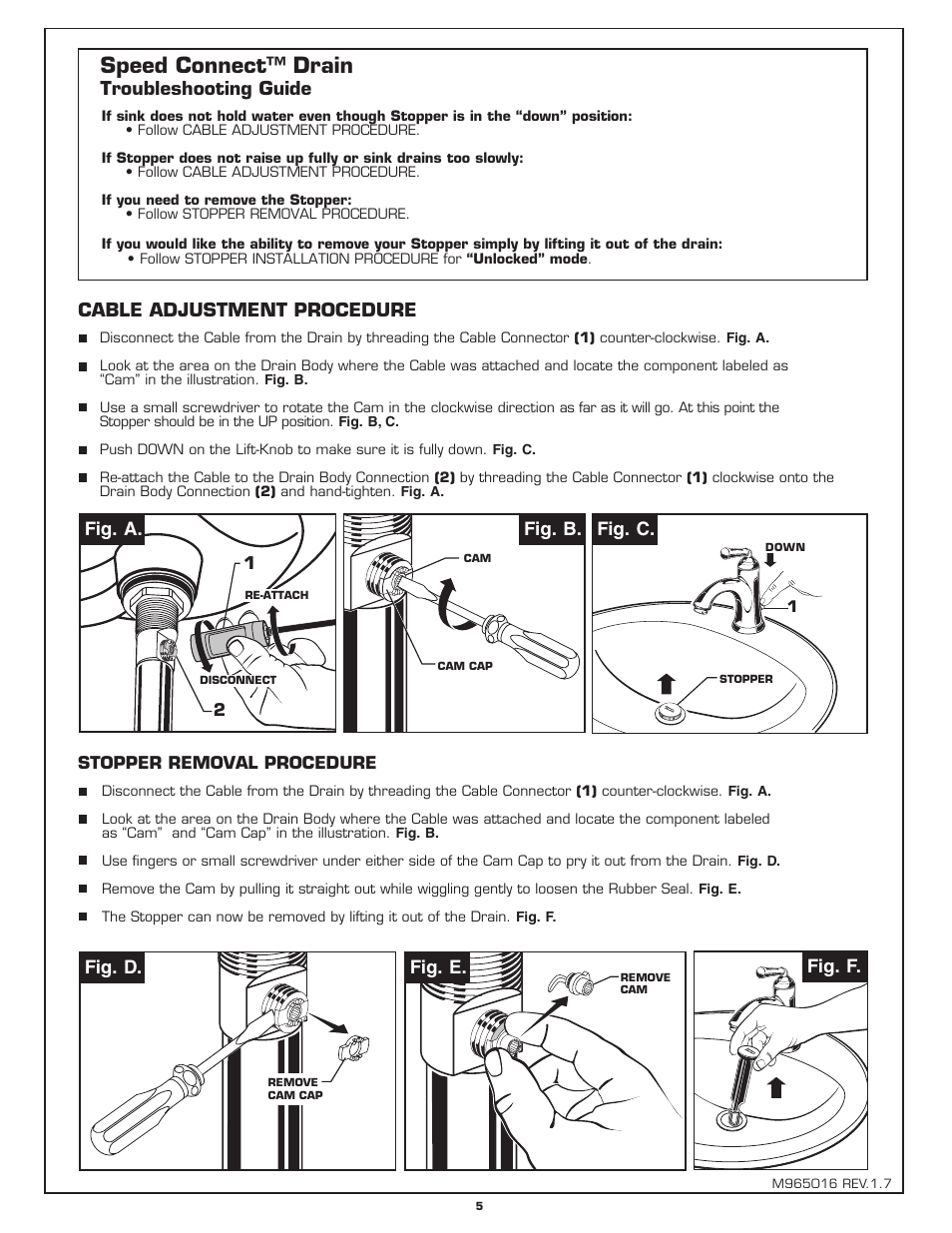 Speed connect™ drain, Troubleshooting guide, Cable adjustment procedure | Fig. b, Fig. e. fig. f, Fig. d, Fig. a. fig. c | American Standard PORTSMOUTH 7420.101 User Manual | Page 5 / 6