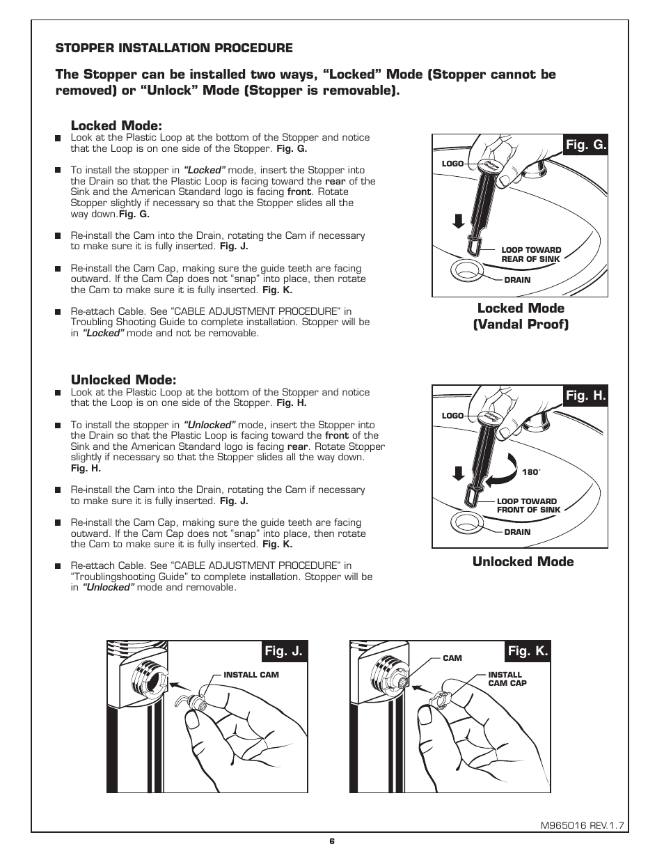 Locked mode, Unlocked mode, Fig. j. fig. k | Fig. h. locked mode (vandal proof), Fig. g | American Standard PORTSMOUTH 7420.101 User Manual | Page 6 / 6