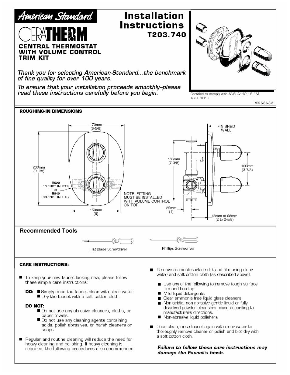American Standard Ceratherm T203.740 User Manual | 10 pages
