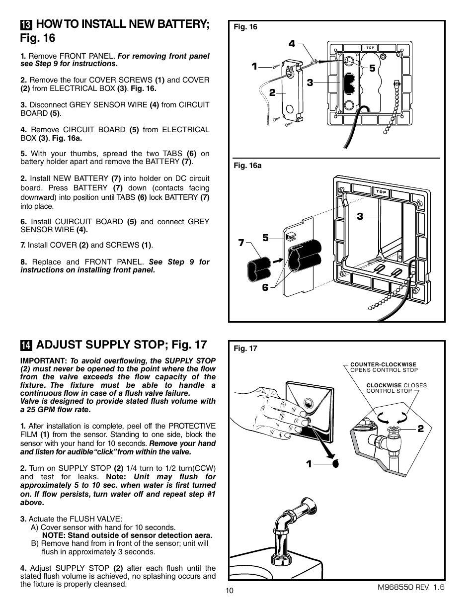 How to install new battery; fig. 16, Adjust supply stop; fig. 17 | American Standard SELECTRONIC 6068.26X User Manual | Page 11 / 13