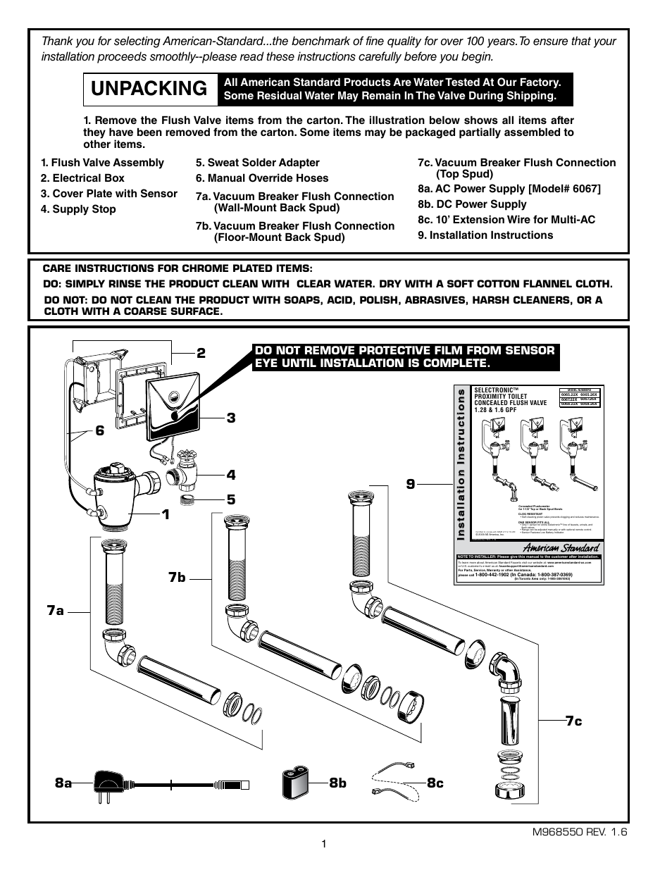 Unpacking, 8b 8c 1 6 | American Standard SELECTRONIC 6068.26X User Manual | Page 2 / 13