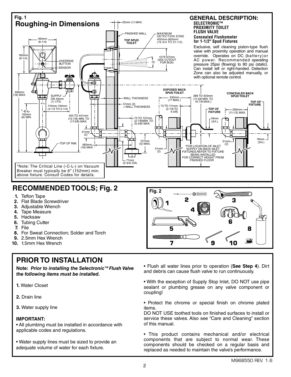 Recommended tools; fig. 2, Prior to installation, Roughing-in dimensions | General description | American Standard SELECTRONIC 6068.26X User Manual | Page 3 / 13