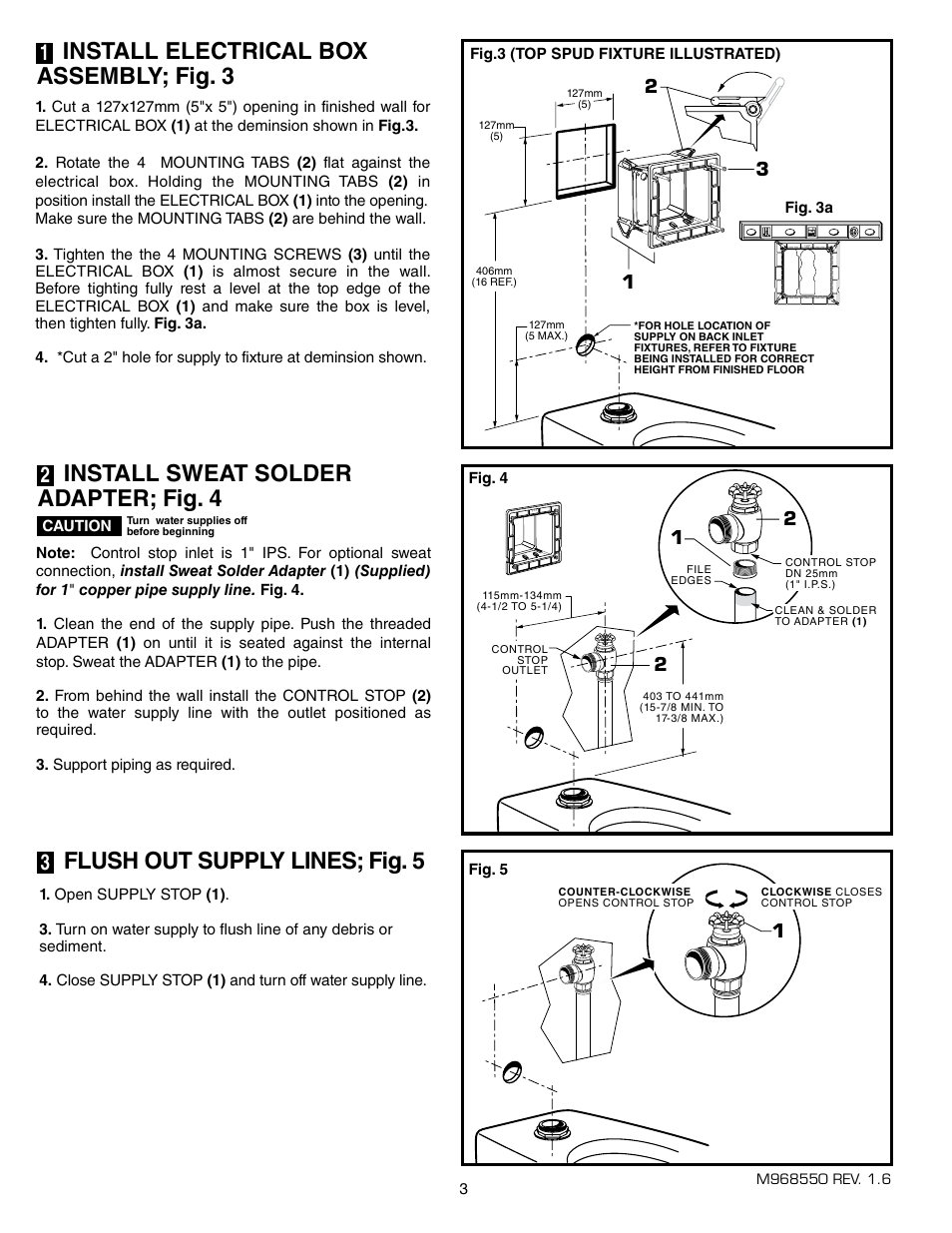 Install electrical box assembly; fig. 3, Flush out supply lines; fig. 5, Install sweat solder adapter; fig. 4 | American Standard SELECTRONIC 6068.26X User Manual | Page 4 / 13