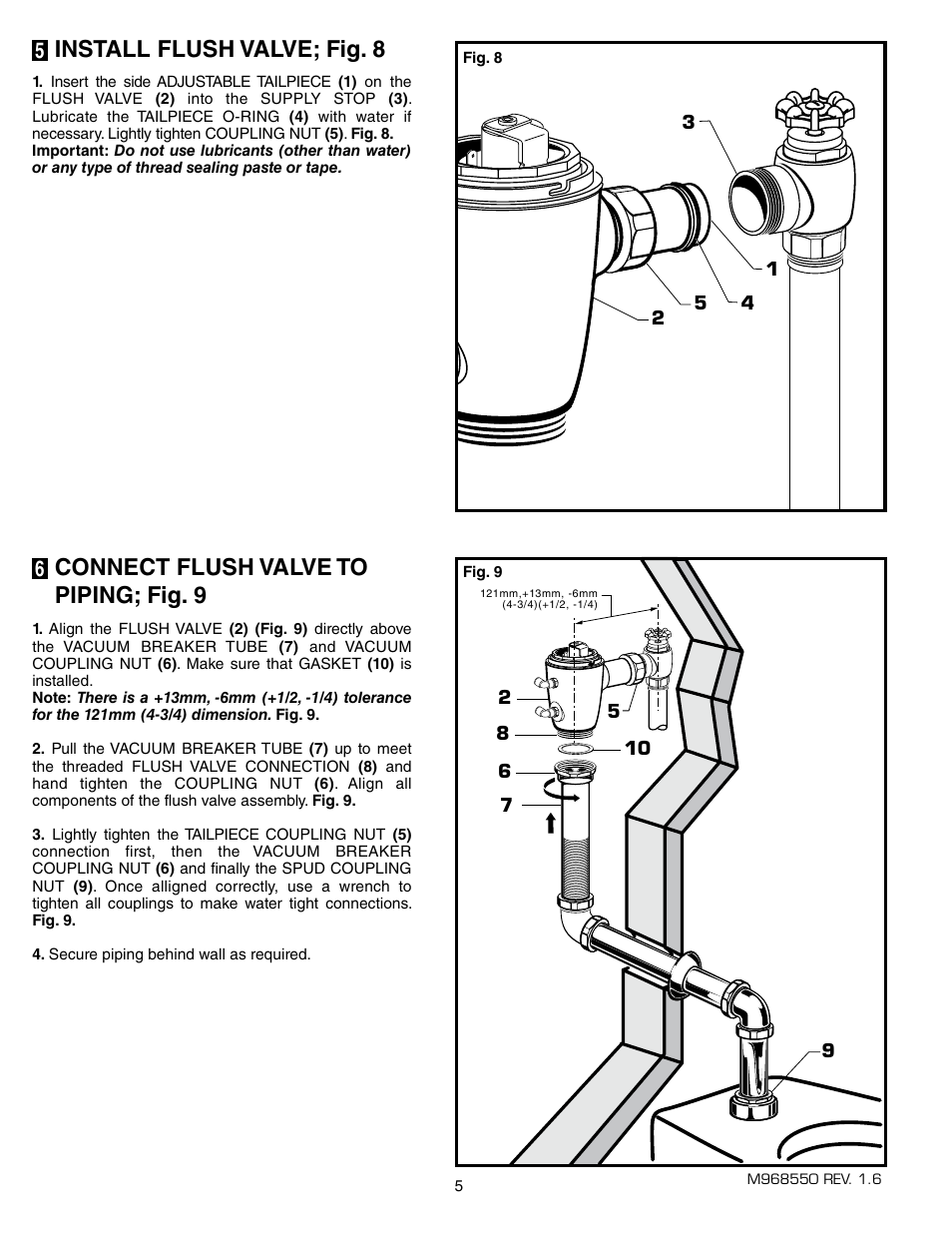 Install flush valve; fig. 8, Connect flush valve to piping; fig. 9 | American Standard SELECTRONIC 6068.26X User Manual | Page 6 / 13