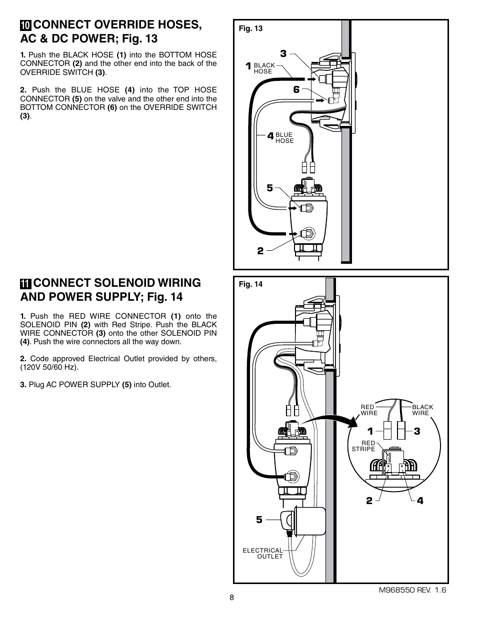 Connect override hoses, ac & dc power; fig. 13, Connect solenoid wiring and power supply; fig. 14 | American Standard SELECTRONIC 6068.26X User Manual | Page 9 / 13