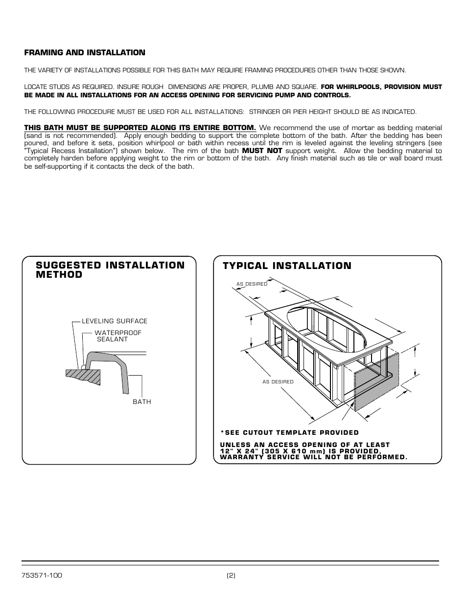 Suggested installation method, Typical installation, Framing and installation | American Standard Colony Oval 1742 Series User Manual | Page 2 / 4