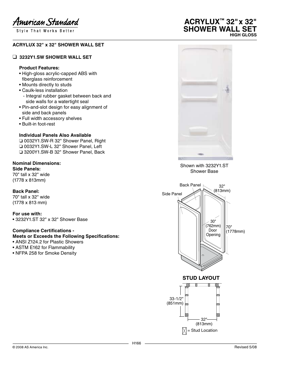 American Standard Acrylux 32"x 32" Shower Wall Set 3232Y1.SW User Manual | 1 page