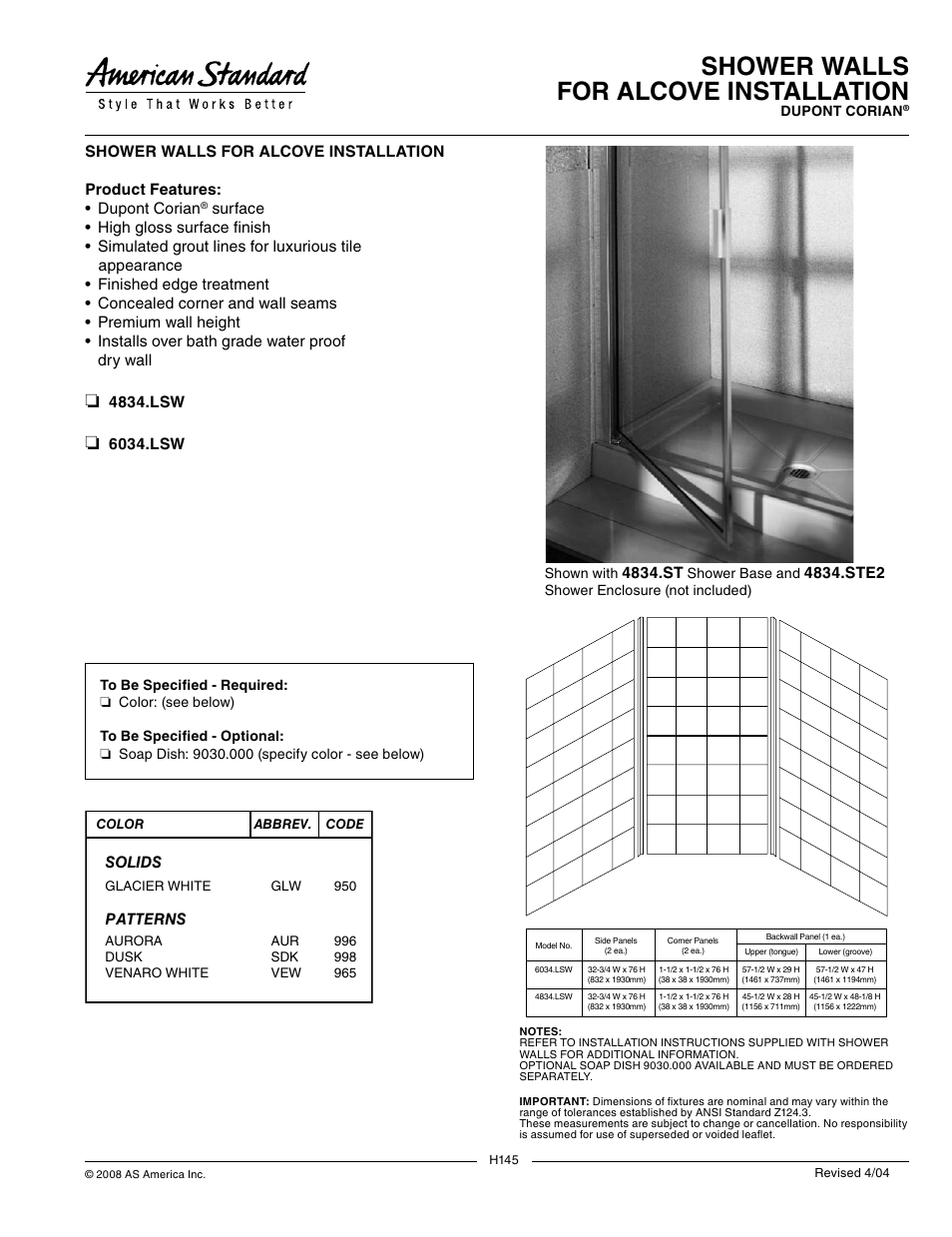 American Standard Dupont Corian 6034.LSW User Manual | 1 page