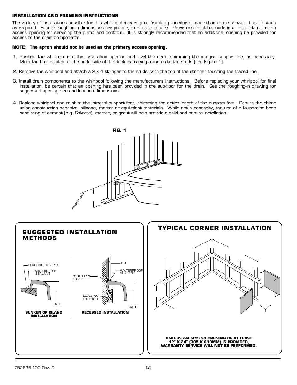 Suggested installation methods, Typical corner installation | American Standard 2775.XXXW Series User Manual | Page 2 / 4