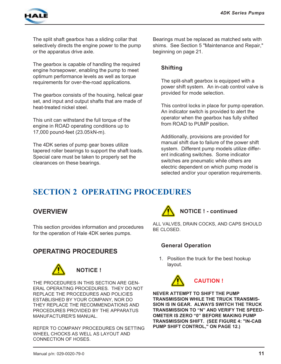 Shifting, Section 2 operating procedures, Overview | Operating procedures, General operation, Overview operating procedures, Shifting general operation | Hale 4DK Series User Manual | Page 11 / 52