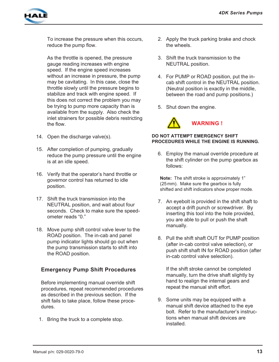 Emergency pump shift procedures | Hale 4DK Series User Manual | Page 13 / 52