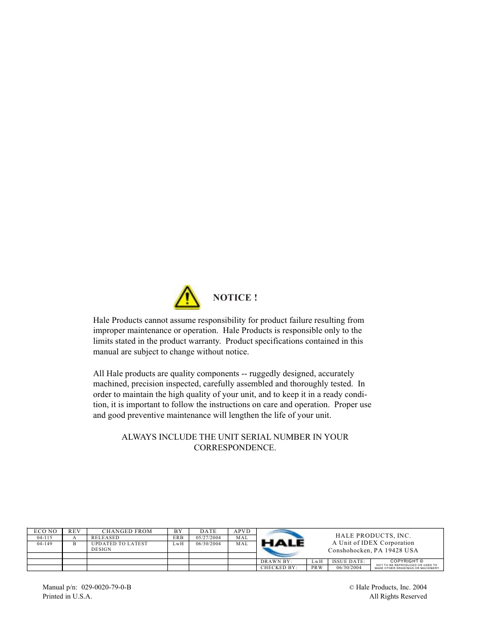 Notice, Hale products, inc. 2004 all rights reserved | Hale 4DK Series User Manual | Page 2 / 52